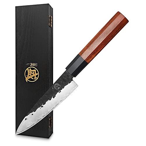 MITSUMOTO SAKARI 14 cm Handgesmeed Schilmes, Japans Keukenmes Professioneel, Klein Koksmes (Palissander Handvat en Geschenkdoos)