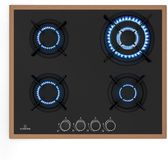 Klarstein Lumiflame gaskookplaat, 4 branders, 8 kW, koperen frame en glas, elektrische ontsteking, FFD-veiligheid, gietijzeren pannendragers, 60 cm, geschikt voor LPG en aardgas.