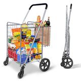 Whitmor Opvouwbare boodschappentrolley, 115 l, robuuste boodschappentrolley met dubbele mand, 360° draaibare wielen, inklapbaar, 50 kg capaciteit voor boodschappen, wasgoed