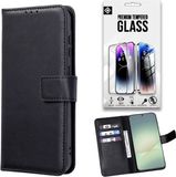 Casemania Hoesje en Glas Geschikt voor OPPO Reno16 F 5G - Zwart - Portemonnee Book Case met Pasjeshouder - Wallet Telefoonhoesje + 1x Gehard Glazen Screenprotector