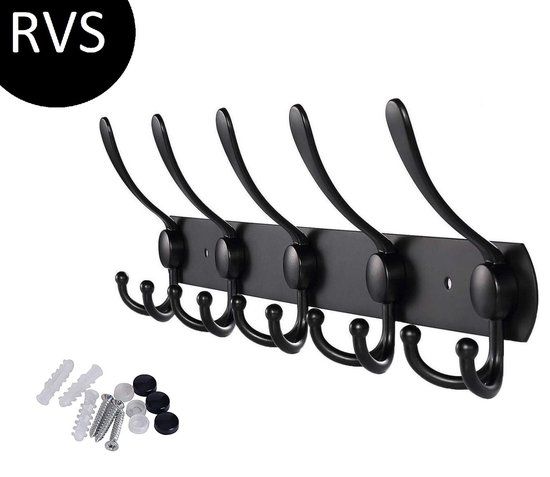 Hoexs Wandkapstok - 15 haken - 45cm - Mat Zwart - Metaal