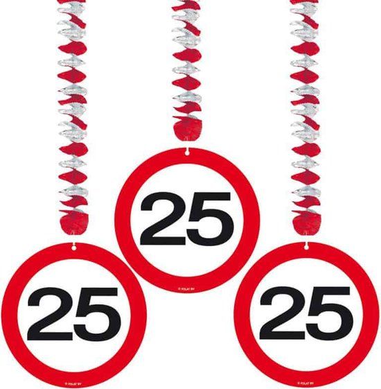 Folat - Hangdecoratie verkeersbord 25 (3 stuks) - RoodWit - Papier - 100 cm