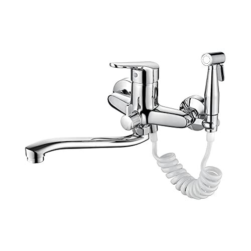 Ibergrif Roma M13150-1 Faucet Kitchen Wall with Spray Gun, Faucet for Sink MonoMando Wall with 250 mm long pipe and 360 ° rotating pipe, silver, brass