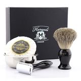 Haryali London Scheerset - 4-delige scheerkit - dubbele rand veiligheidsscheermes - Super dassenscheerkwast - scheerzeep - scheerkom - scheerschaal - scheerset als cadeau - zwarte kleur veiligheidsscheermeset