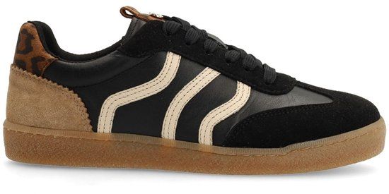 No Stress - Dames - Zwarte leren sneakers met leopard details - Maat 41