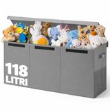BAKAJI Opbergdozen voor kinderen, opbergdoos met deksel en 3 vakken, opvouwbaar, van TNT, opbergdoos, capaciteit 118 liter, 91,5 x 32 x 40,5 cm (grijs)
