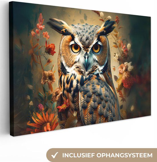 OneMillionCanvasses Canvas Schilderij Uil Vogel Bloemen Botanisch - 140x90 cm