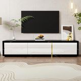 Meuble TV - Meuble TV moderne - Longueur variable 140–260 cm - Pivotant - Fabriqué en MDF et panneau de particules - Blanc, laqué brillant/mat - Détails dorés
