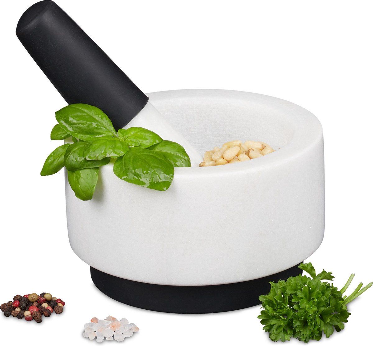 Relaxdays vijzel met stamper - marmer mortier - siliconen - keukenstamper - mortel - wit