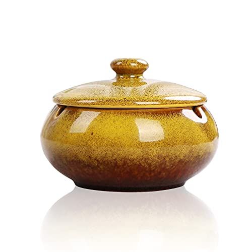 Lependor Keramische asbak met deksels, Winddicht, Sigarettenasbak voor Binnen of buiten Gebruik, Ashouder voor rokers Huisdecoratie - (Geel)