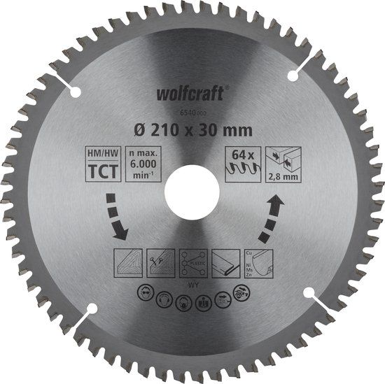 wolfcraft - Zaagblad 210x30mm voor Afkortzaag - 64 Tanden - voor Verstekzaag - 6540000