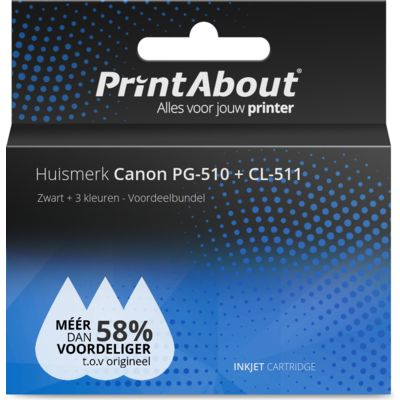 PrintAbout Huismerk Canon PG-510 + CL-511 Inktcartridge Zwart + 3 kleuren Voordeelbundel