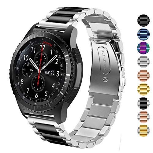 DEALELE Band Compatibel met Samsung Gear S3 Frontier / Classic / Galaxy Watch 46mm / Galaxy 3 45mm / Huawei GT2 46mm, 22mm Roestvrij Staal Metaal Armband Vervanging voor Vrouwen Mannen, Zilver-zwart