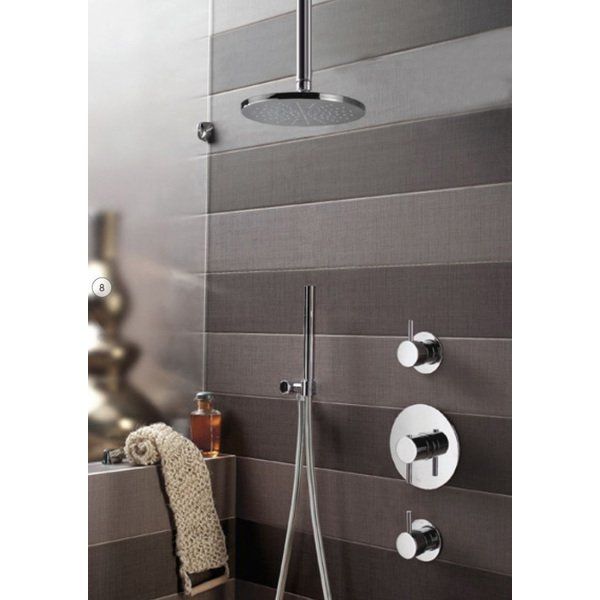 hotbath IBS 1 complete thermostatische douche inbouwset Buddy met 2 stopkranen geborsteld nikkel staafmodel handdouche met plafondbuis 30cm diameter douchekop 25cm IBS1GN-S-P30-25cm