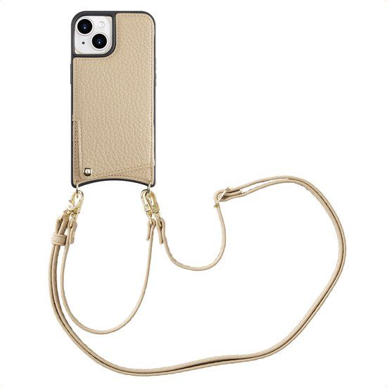 Selencia Hoesje - Geschikt voor Apple iPhone 15 - Backcover met koord en pashouder - Beige