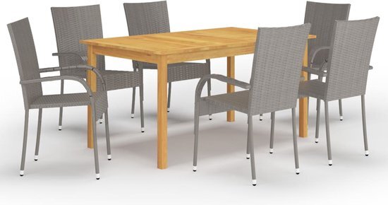 The Living Store Tuinset Acaciahout - 150x90x74 cm - Grijs - PE rattan - 55.5x53.5x95 cm - Montage vereist - 1x tafel 6x stoel
