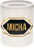 Bellatio Decorations Shoppartners Bv Spaarpot met voornaam Micha - wit - met goud/zwart embleem - 8 x 9 cm - keramiek - met afsluitdop - cadeau verjaardag