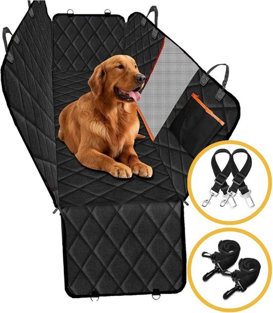 De Blaffende Kat Premium Hondendeken auto achterbank - Inclusief 2 hondenriemen en opbergtas - Autodeken hond - Hondenmand auto - Zwart/Oranje zwart, oranje