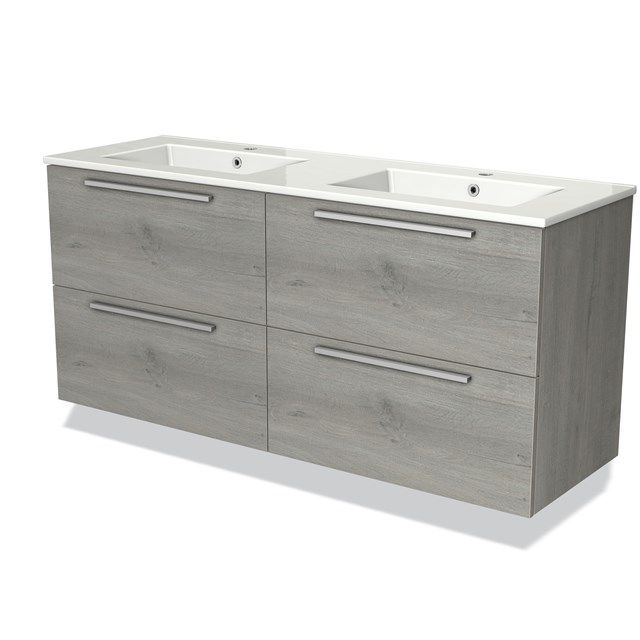Maxaro Badkamermeubel Modulo 140 cm Grijs Eiken 4 Lades Keramiek Wastafel