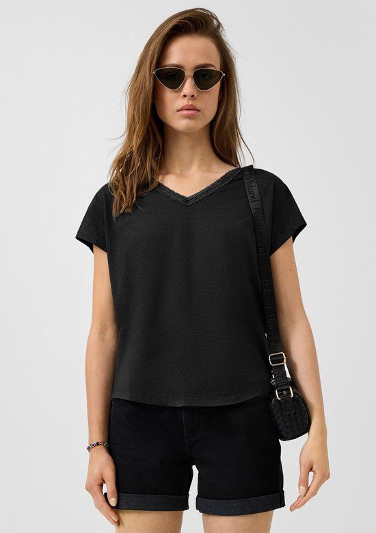 QS s.Oliver QS T-Shirt V-hals Korte mouw Katoen Zwart Maat S