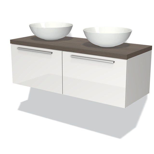 Maxaro Badkamermeubel Modulo Plato 120cm Hoogglans Wit 2 Lades Donkerbruin Eiken Blad