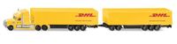 SIKU 1806, Freightliner DHL Road Train, trekker met oplegger en aanhanger, 1:87, metaal/kunststof, geel, afneembare aanhanger