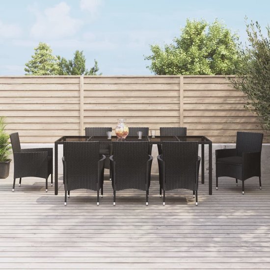 The Living Store Tuinset - PE-rattan - Zwart - 250x100x75 cm - incl - tafel - 8 stoelen en kussens