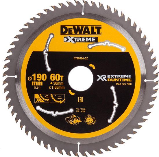 DeWALT Cirkelzaagblad voor Hout | Extreme Runtime | Ø 190mm Asgat 30mm 60T
