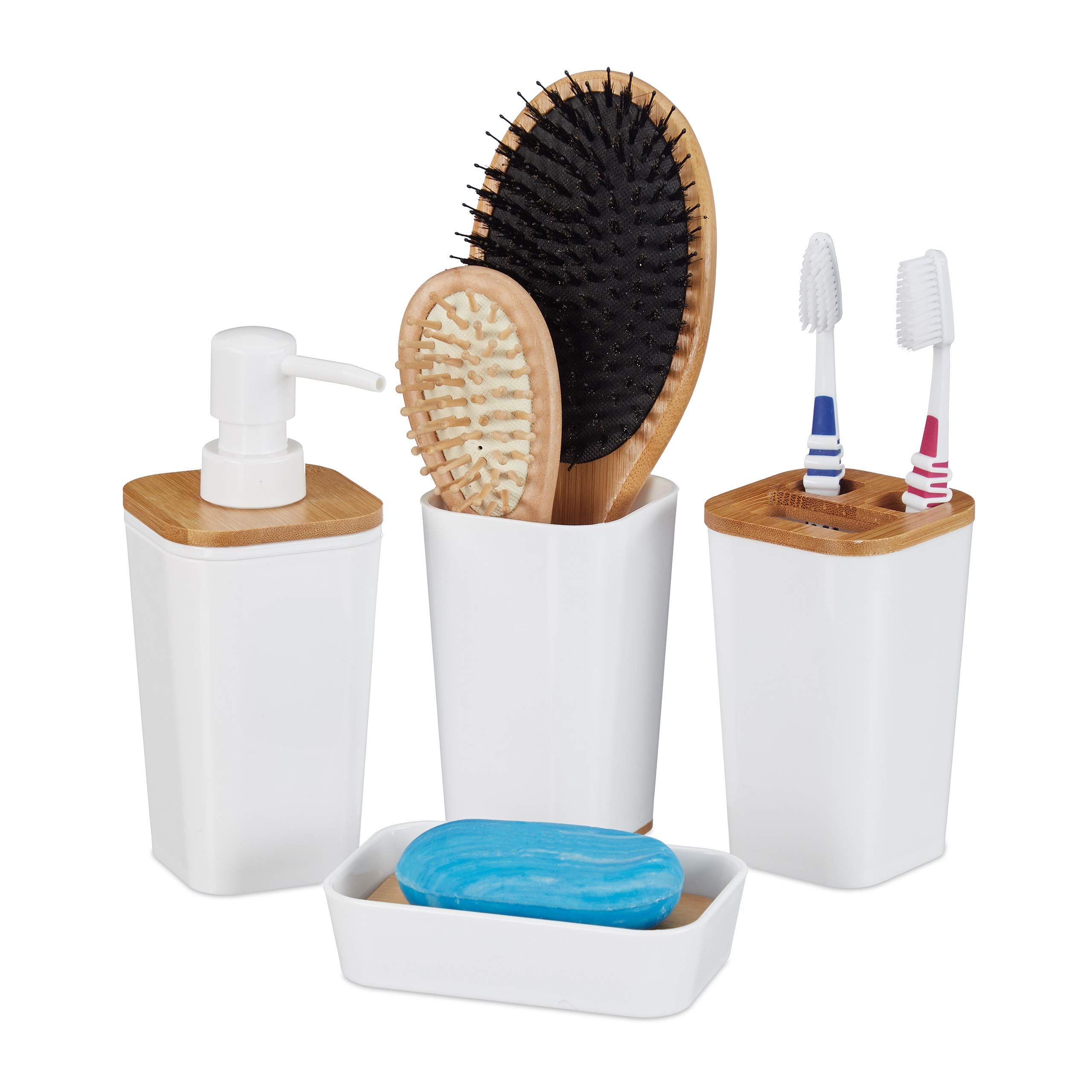 Relaxdays badkameraccessoires set - 4-delig - kunststof & bamboe - wit, lichtbruin