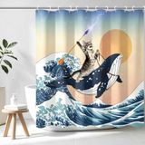 Aimego Grappig douchegordijn dappere kat vasthouden drietand rijdende haai in oceaan, haai kat douchegordijnen met haken voor badkamer decor accessoires badkuipgordijn, 182,9 cm x 183 cm