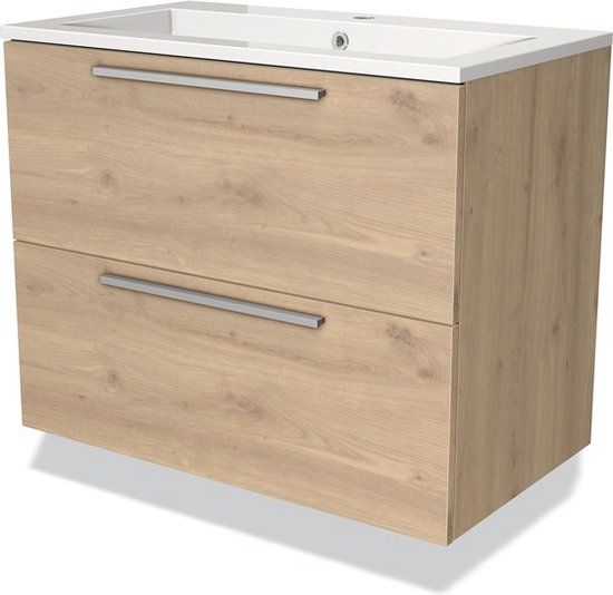 Maxaro Badkamermeubel 80cm Modulo Lichtbruin Eiken 2 lades Vlak Wastafel Mineraalmarmer