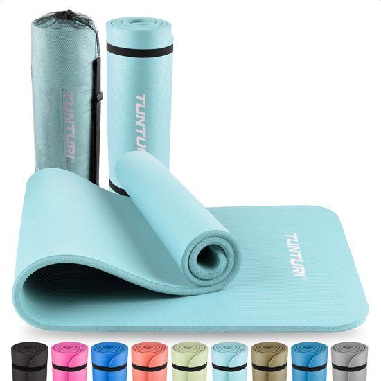 Tunturi NBR Yogamat met Draagtas - Fitnessmat Extra dik & zacht - Sportmat - Anti slip - 180x60x1.5cm - Incl Trainingsapp - Lichtblauw