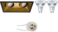 BES LED LED Spot Set - Pragmi Zano Pro - GU10 Fitting - Inbouw Rechthoek Dubbel - Mat Zwart/Goud - Kantelbaar - 185x93mm - Philips - CorePro 830 36D - 4.6W - Warm Wit 3000K