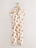 Next - Meisjes - Ecru-bruine pyjama met beerprint en knopen - Wit