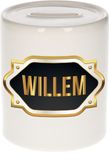 Bellatio Decorations Willem Spaarpot - Wit - Goud/Zwart Embleem - 8 x 9 cm - Keramiek - Afsluitdop - Cadeau Verjaardag