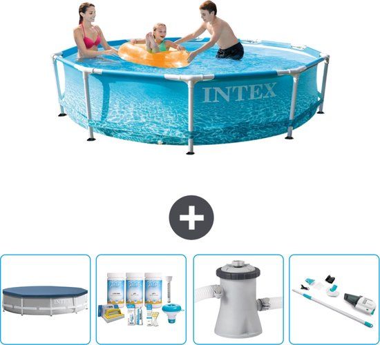 Intex Rond Frame Zwembad - 305 x 76 cm - Waterprint - Inclusief Afdekzeil - Onderhoudspakket - Zwembadfilterpomp - Stofzuiger