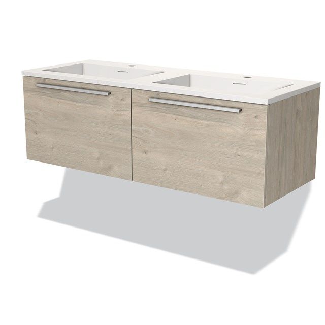 Maxaro Badkamermeubel 120cm Modulo Lichtgrijs Eiken 2 Lades Vlak Wastafel Solid Surface