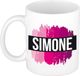Bellatio Decorations Simone naam cadeau koffie mok - beker - met roze verfstrepen - Cadeau collega - moederdag - verjaardag - juf - coach - 300 ml - wit