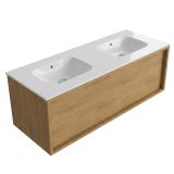Saniclass Holz Frame Badkamermeubelset - 120x45x41.5cm - Flow solid surface wastafel wit - 2 wasbakken - zonder kraangaten - 1 lade - mat eiken natural (hout) SW1420772/SW1224150