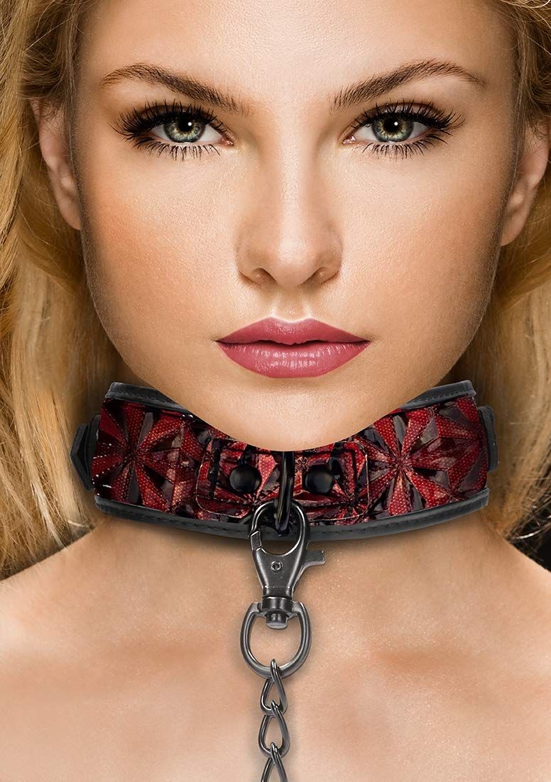 Ouch! Luxury Collar with Leash - Burgundy - Vinyl - Red - 8714273928634