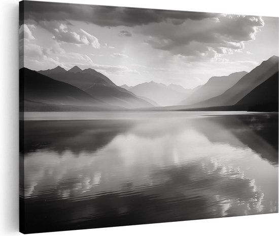 Artaza Canvas Schilderij Zwart Wit Meer en Bergen - 120x80 cm - Canvas Print