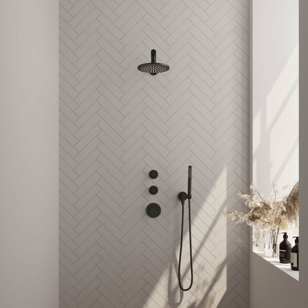 Brauer Black Carving thermostatische inbouw regendoucheset 40cm rechte wandarm met 20cm ronde hoofddouche Zwart mat 5-S-097