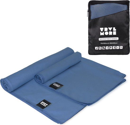 TRVLMORE Microvezel Handdoek - Set van 2 - L (75 x 150 cm) & XL (90 x 180 cm) - Sneldrogende Reishanddoek - Strandlaken - Badlaken - Donkerblauw