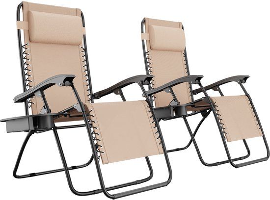 LifeGoods Opvouwbare Tuinstoelen - 2 Stuks - Ligstoel Tuin - Verstelbaar - Metaal - Beige