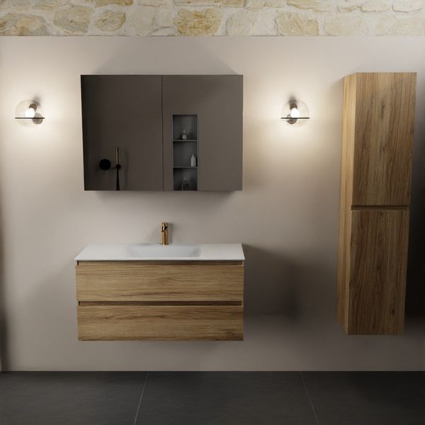 Mondiaz Aivy badmeubelset - 100x45x50cm - 1 kraangat - 1 wasbak talc Solid surface - Midden - 2 lades - Met spiegelkast - Melamine Chai