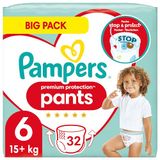 Pampers Babyluierbroekje maat 6 (15 kg+) Premium Protection, extra large, 32 luiers, Big Pack, met stop- en beschermzakje