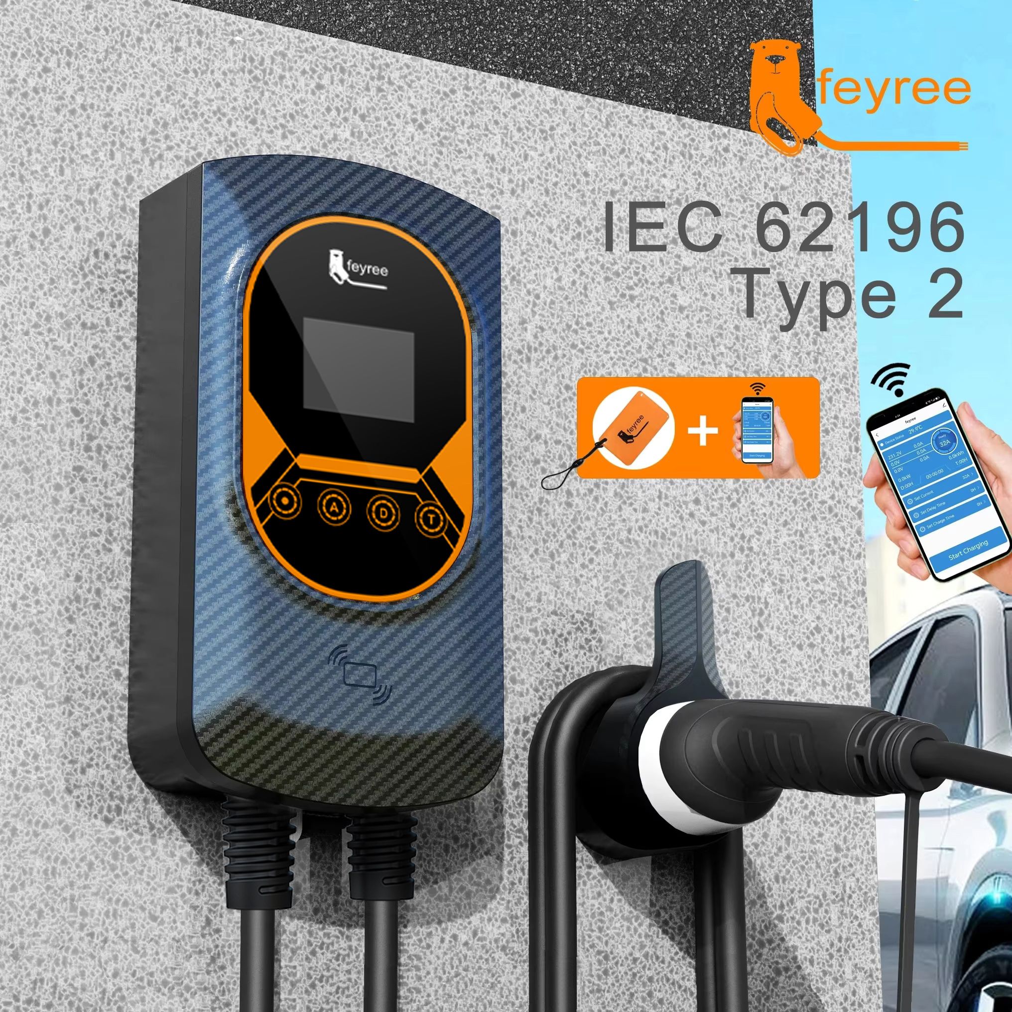 Feyree EV-laadstation 32A elektrische autolader EVSE Wallbox Wallmount 7,6/11/22KW Type2-kabel IEC62196 APP-bediening