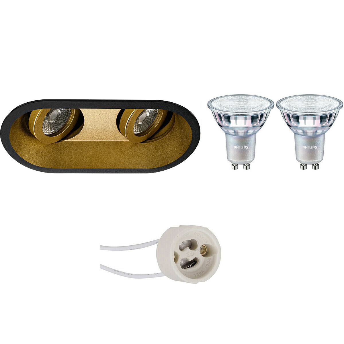 BES LED LED Spot Set - Pragmi Zano Pro - GU10 Fitting - Inbouw Ovaal Dubbel - Mat Zwart/Goud - Kantelbaar - 185x93mm - Philips - MASTER 927 36D VLE - 3.7W - Warm Wit 2200K-2700K - DimTone Dimbaar