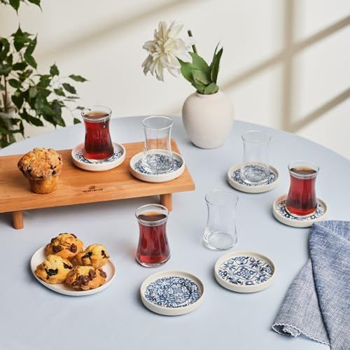 Karaca Mavili Blauw - Theeglazen set met Onderzetters - Set van 6 - Porselein - 170 ml