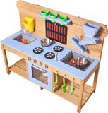 Cuisine de boue, cuisine de boue extérieure pour enfants, cuisines extérieures en bois avec cuisinières, crochets, doubles éviers, ustensiles, spatules, casseroles et accessoires, jouets pour jouer avec de l'eau et du sable